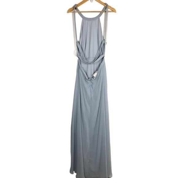 Dessy Collection Bridesmaid Dress Maxi Open Back High Neck Slit Blue NWT 4 - Picture 3 of 9
